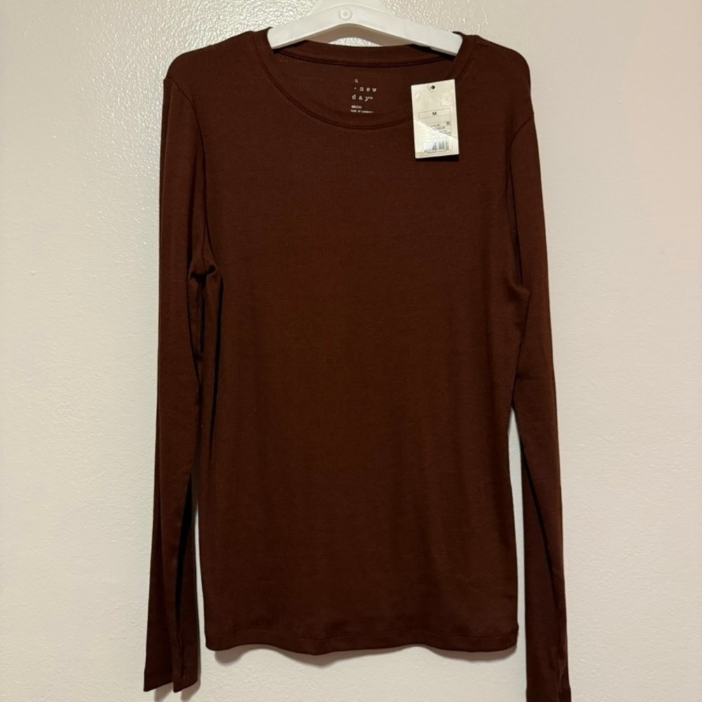 A New Day Women Dark Brown Ribbed Long Sleeve Crewneck T-Shirt M NWT